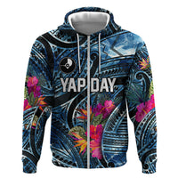 Yap Day Island Floral Tribal Heritage Zip Hoodie Micronesian Hibiscus Pattern Polynesian Tattoo Blue Art