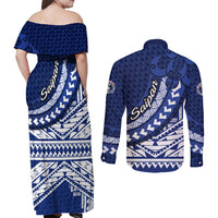 Northern Mariana Islands Saipan Couples Matching Off Shoulder Maxi Dress and Long Sleeve Button Shirt Polynesian Tribal Pattern - Commonwealth Seal Art