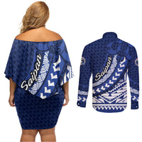 Northern Mariana Islands Saipan Couples Matching Off Shoulder Short Dress and Long Sleeve Button Shirt Polynesian Tribal Pattern - Commonwealth Seal Art