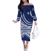 Northern Mariana Islands Saipan Family Matching Off The Shoulder Long Sleeve Dress and Hawaiian Shirt Polynesian Tribal Pattern - Commonwealth Seal Art TS04 Mom's Dress Blue White - Polynesian Pride