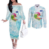 Saipan CMNI Couples Matching Off The Shoulder Long Sleeve Dress and Long Sleeve Button Shirt Polynesian Northern Mariana Islands Fruit Dove Watercolor TS04 Blue White - Polynesian Pride