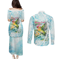 Saipan CMNI Couples Matching Puletasi and Long Sleeve Button Shirt Polynesian Northern Mariana Islands Fruit Dove Watercolor