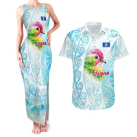 Saipan CMNI Couples Matching Tank Maxi Dress and Hawaiian Shirt Polynesian Northern Mariana Islands Fruit Dove Watercolor TS04 Blue White - Polynesian Pride