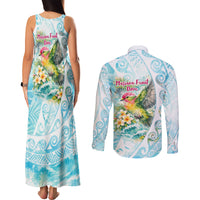 Saipan CMNI Couples Matching Tank Maxi Dress and Long Sleeve Button Shirt Polynesian Northern Mariana Islands Fruit Dove Watercolor