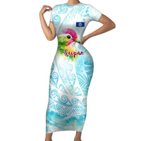Saipan CMNI Family Matching Short Sleeve Bodycon Dress and Hawaiian Shirt Polynesian Northern Mariana Islands Fruit Dove Watercolor TS04 Mom's Dress Blue White - Polynesian Pride