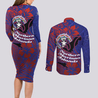 Saipan Northern Mariana Islands Couples Matching Long Sleeve Bodycon Dress and Long Sleeve Button Shirt Polynesian Tribal Tattoo Art With Hibiscus Flowers And Seal TS04 - Polynesian Pride
