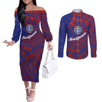 Saipan Northern Mariana Islands Couples Matching Off The Shoulder Long Sleeve Dress and Long Sleeve Button Shirt Polynesian Tribal Tattoo Art With Hibiscus Flowers And Seal TS04 Blue Red - Polynesian Pride