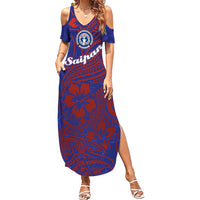 Saipan Northern Mariana Islands Family Matching Summer Maxi Dress and Hawaiian Shirt Polynesian Tribal Tattoo Art With Hibiscus Flowers And Seal TS04 Mom's Dress Blue Red - Polynesian Pride