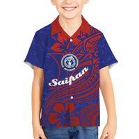 Saipan Northern Mariana Islands Kid Hawaiian Shirt Polynesian Tribal Tattoo Art With Hibiscus Flowers And Seal TS04 Kid Blue Red - Polynesian Pride