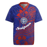 Saipan Northern Mariana Islands Rugby Jersey Polynesian Tribal Tattoo Art With Hibiscus Flowers And Seal TS04 Blue Red - Polynesian Pride