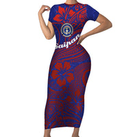 Saipan Northern Mariana Islands Short Sleeve Bodycon Dress Polynesian Tribal Tattoo Art With Hibiscus Flowers And Seal TS04 Long Dress Blue Red - Polynesian Pride