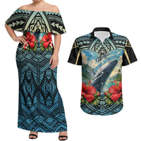 Personalized Masefau American Samoa Whale Couples Matching Off Shoulder Maxi Dress and Hawaiian Shirt Polynesian Tribal Pattern Tropical Hibiscus