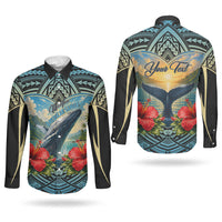 Personalized Masefau American Samoa Whale Couples Matching Puletasi and Long Sleeve Button Shirt Polynesian Tribal Pattern Tropical Hibiscus