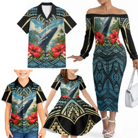 Personalized Masefau American Samoa Whale Family Matching Off The Shoulder Long Sleeve Dress and Hawaiian Shirt Polynesian Tribal Pattern Tropical Hibiscus