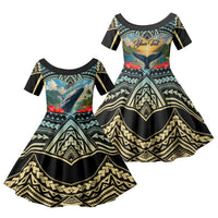 Personalized Masefau American Samoa Whale Family Matching Off Shoulder Short Dress and Hawaiian Shirt Polynesian Tribal Pattern Tropical Hibiscus