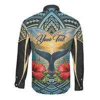 Personalized Masefau American Samoa Whale Long Sleeve Button Shirt Polynesian Tribal Pattern Tropical Hibiscus