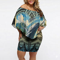 Personalized Masefau American Samoa Whale Off Shoulder Short Dress Polynesian Tribal Pattern Tropical Hibiscus