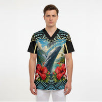 Personalized Masefau American Samoa Whale Scrub Top Polynesian Tribal Pattern Tropical Hibiscus