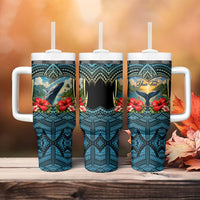 Personalized Masefau American Samoa Whale Tumbler With Handle Polynesian Tribal Pattern Tropical Hibiscus