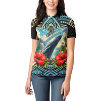 Personalized Masefau American Samoa Whale Women Polo Shirt Polynesian Tribal Pattern Tropical Hibiscus
