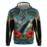 Personalized Masefau American Samoa Whale Zip Hoodie Polynesian Tribal Pattern Tropical Hibiscus