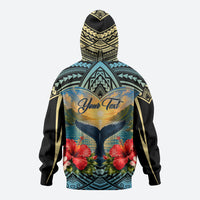 Personalized Masefau American Samoa Whale Zip Hoodie Polynesian Tribal Pattern Tropical Hibiscus