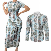 Personalized Masefau American Samoa Couples Matching Short Sleeve Bodycon Dress and Long Sleeve Button Shirt Vintage Whale Hibiscus Ocean Waves