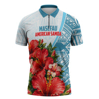 Personalized American Samoa Masefau Zipper Polo Shirt Hibiscus Tropical Floral Whale Polynesian Tribal Pattern