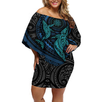 Polynesian Whale Off Shoulder Short Dress TS04 Women Black Cyan - Polynesian Pride