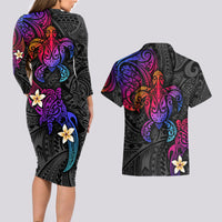 Turtle and Plumeria - Polynesian Couples Matching Long Sleeve Bodycon Dress and Hawaiian Shirt TS04 - Polynesian Pride