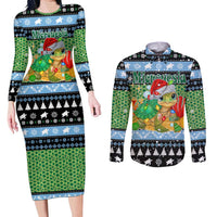 Micronesia Christmas Couples Matching Long Sleeve Bodycon Dress and Long Sleeve Button Shirt with Santa Turtle Coral Reef and Holiday Ocean Pattern - Polynesian Pride