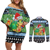 Micronesia Christmas Couples Matching Off Shoulder Short Dress and Long Sleeve Button Shirt with Santa Turtle Coral Reef and Holiday Ocean Pattern - Polynesian Pride