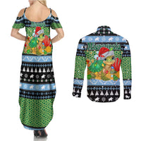 Micronesia Christmas Couples Matching Summer Maxi Dress and Long Sleeve Button Shirt with Santa Turtle Coral Reef and Holiday Ocean Pattern - Polynesian Pride