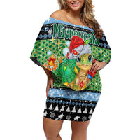 Micronesia Christmas Off Shoulder Short Dress with Santa Turtle Coral Reef and Holiday Ocean Pattern - Polynesian Pride