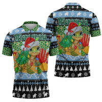 Micronesia Christmas Zipper Polo Shirt with Santa Turtle Coral Reef and Holiday Ocean Pattern - Polynesian Pride