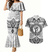 Aiga Samoa Raised Fist Couples Matching Mermaid Dress and Hawaiian Shirt Polynesian Tribal Tattoo Art Family Pride TS04 White Black - Polynesian Pride