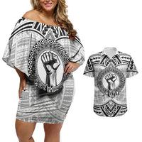 Aiga Samoa Raised Fist Couples Matching Off Shoulder Short Dress and Hawaiian Shirt Polynesian Tribal Tattoo Art Family Pride TS04 White Black - Polynesian Pride
