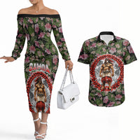 Samoa Aiga Polynesian Couples Matching Off The Shoulder Long Sleeve Dress and Hawaiian Shirt Tropical Floral Hibiscus Pattern Island Heritage TS04 Green Red - Polynesian Pride