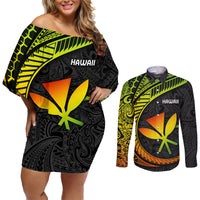 Hawaii Kanaka Maoli Couples Matching Off Shoulder Short Dress and Long Sleeve Button Shirts Polynesian Tornado Infusion Gradient TS04 Gradient - Polynesian Pride