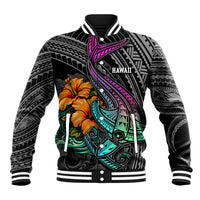 Hawaii Polynesian Baseball Jacket with Tribal Hammerhead Sharks and Hibiscus Black TS04 Unisex Black - Polynesian Pride