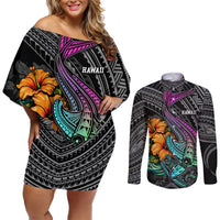 Hawaii Polynesian Couples Matching Off Shoulder Short Dress and Long Sleeve Button Shirt with Tribal Hammerhead Sharks and Hibiscus Black TS04 Black - Polynesian Pride