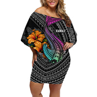 Hawaii Polynesian Family Matching Off Shoulder Short Dress and Hawaiian Shirt with Tribal Hammerhead Sharks and Hibiscus Black TS04 Mom's Dress Black - Polynesian Pride