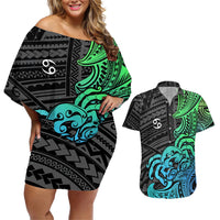 Zodiac Cancer Couples Matching Off Shoulder Short Dress and Hawaiian Shirt Polynesian in Gradient Blue TS04 Gradient Blue - Polynesian Pride