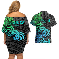 Zodiac Cancer Couples Matching Off Shoulder Short Dress and Hawaiian Shirt Polynesian in Gradient Blue TS04 - Polynesian Pride