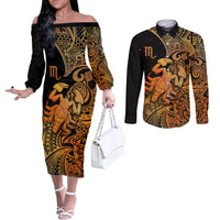 Zodiac Scorpio Couples Matching Off The Shoulder Long Sleeve Dress and Long Sleeve Button Shirts Polynesian in Orange TS04 Orange - Polynesian Pride