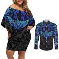 Polynesian Ray Pattern Couples Matching Off Shoulder Short Dress and Long Sleeve Button Shirt TS04 Black Blue - Polynesian Pride
