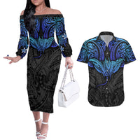 Polynesian Ray Pattern Couples Matching Off The Shoulder Long Sleeve Dress and Hawaiian Shirt TS04 Black/Blue - Polynesian Pride