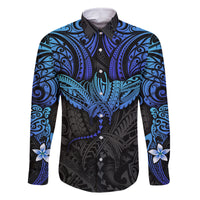 Polynesian Ray Pattern Family Matching Off Shoulder Short Dress and Hawaiian Shirt TS04 Dad's Shirt - Long Sleeve Black/Blue - Polynesian Pride