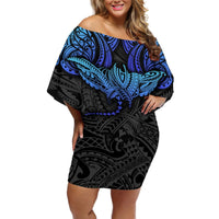 Polynesian Ray Pattern Off Shoulder Short Dress TS04 Women Black Blue - Polynesian Pride