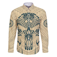 Polynesian Family Matching Long Sleeve Bodycon Dress and Hawaiian Shirt Warrior Skull with Tribal Patterns Tattoo Design TS04 Dad's Shirt - Long Sleeve Yellow - Polynesian Pride
